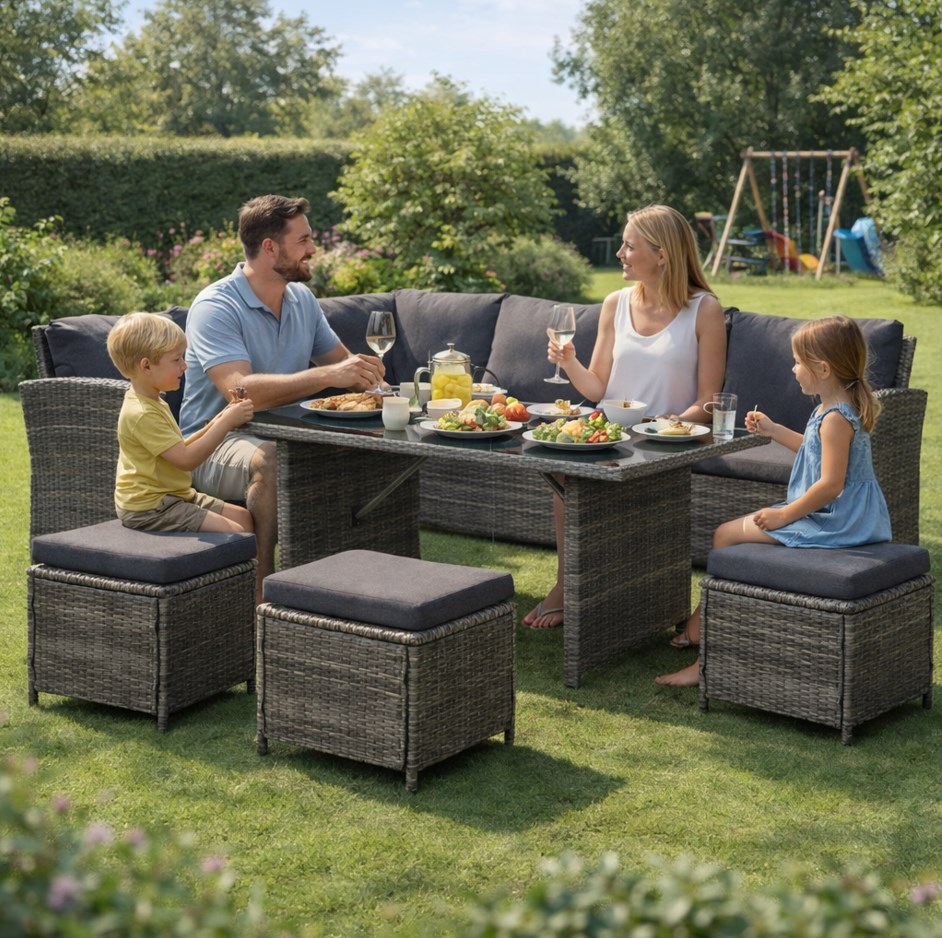 Zestaw mebli ogrodowych NATALIA narożnik stół 3 pufy technorattan szary